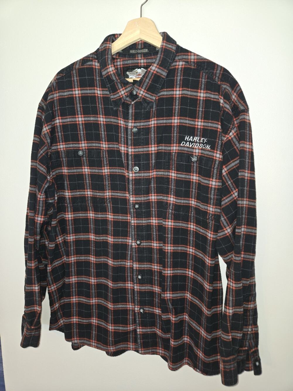 Harley-Davidson Orange Black Plaid Flannel Shirt Men's XXL 2X 2006